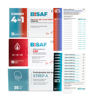 Opakowania testów COMBO BISAF 4w1, 10w1, 12w1,CRP, Strep A. Zestawy diagnostyczne