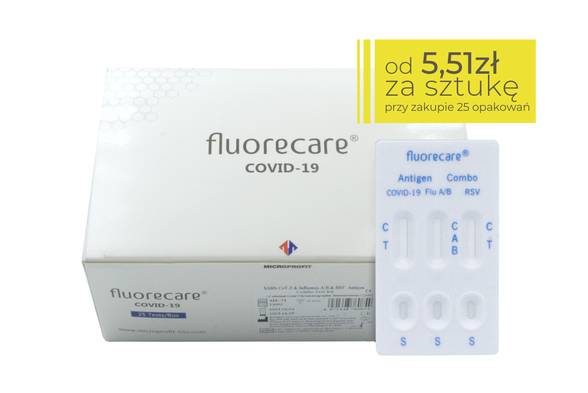 Białe opakowanie testu Fluorecare z widocznym logotypem producenta. Obok opakowania pokazana kasetka testowa z trzema panelami do wykrywania: COVID-19, grypy A/B oraz RSV. W prawym górnym rogu żółte pole z ceną: od 5,51 zł za sztukę (przy zakupie 25 opakowań).