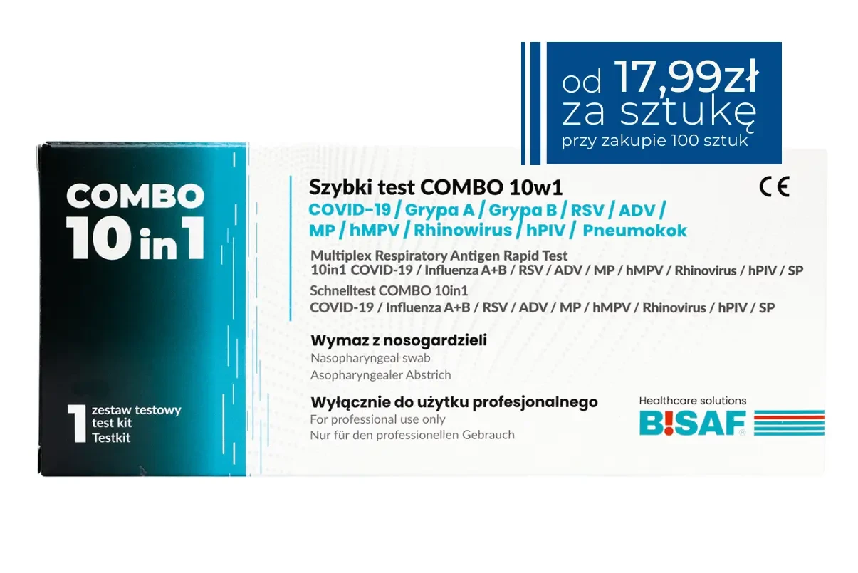 Pojedyncze opakowanie szybkiego testu diagnostycznego COMBO 10w1 marki BISAF, test antygenowy do wykrywania COVID-19, grypy A i B, RSV, ADV, MP, hMPV, rinowirusa, hPIV oraz pneumokoka, grafika produktowa z informacją o cenie jednostkowej 17,99 przy zakupie 100 sztuk