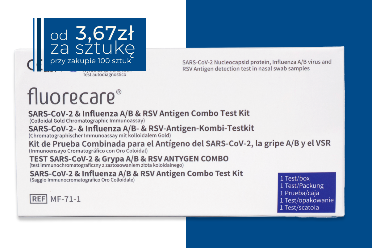 Opakowanie testu Fluorecare COMBO 4w1 SARS-CoV-2 & Influenza A/B & RSV Antigen Combo Test Kit do samokontroli. W górnym rogu pole z napisem: od 3,67 zł za sztukę przy zakupie 100 sztuk.