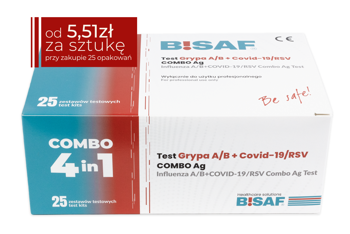 Opakowanie szybkich testów BISAF Combo 4w1 (grypa A, grypa B, COVID-19, RSV. Pudełko zawiera 25 zestawów testowych. W lewym górnym rogu czerwone pole z informacją o cenie: od 5,51 zł za sztukę przy zakupie 25 opakowań.