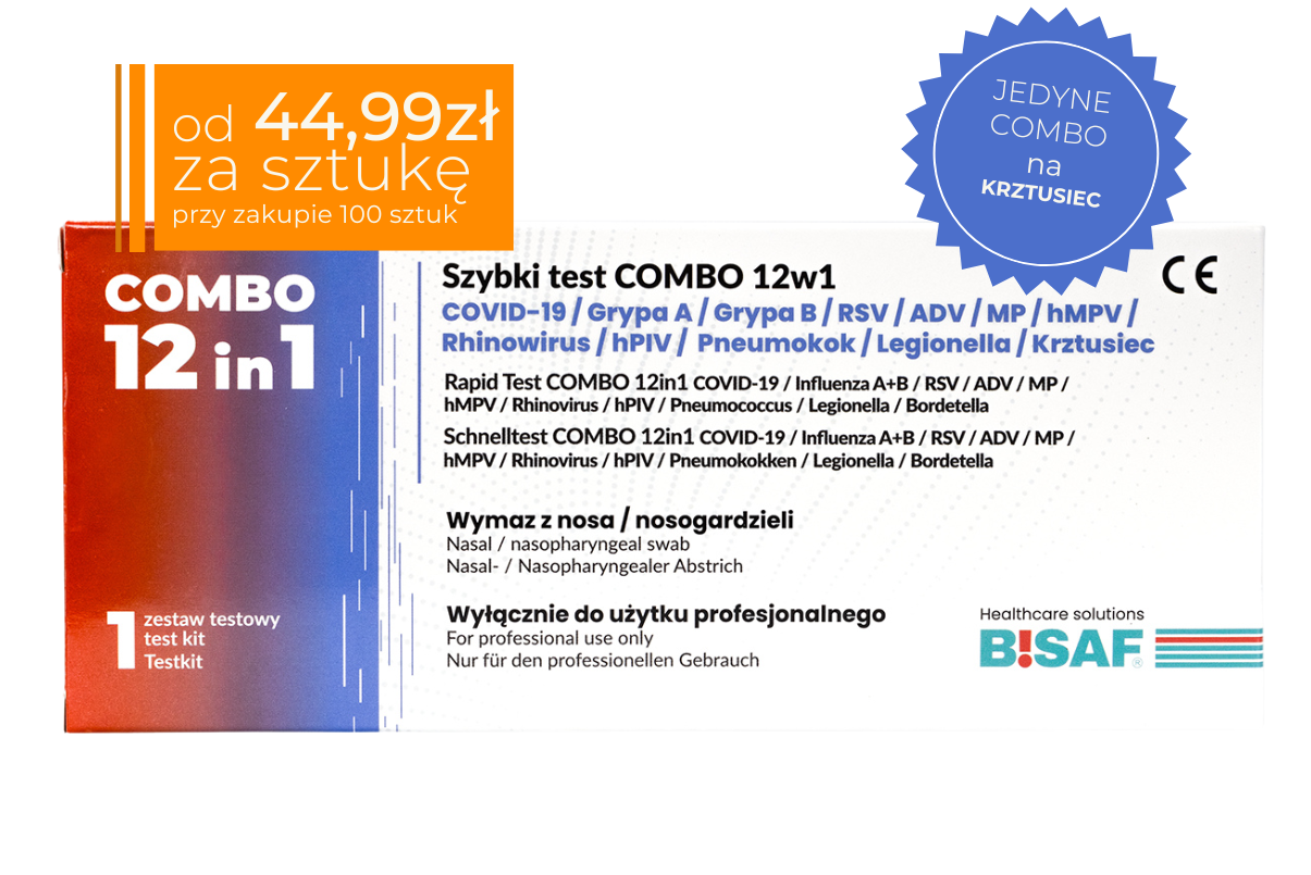 Pojedyncze opakowanie szybkiego testu diagnostycznego COMBO 12w1 marki BISAF, test antygenowy do wykrywania COVID-19, grypy A i B, RSV, ADV, MP, hMPV, rinowirusa, hPIV, pneumokoki, legionelli oraz krztuśca, grafika produktowa z informacją o cenie jednostkowej 44,99 przy zakupie 100 sztuk