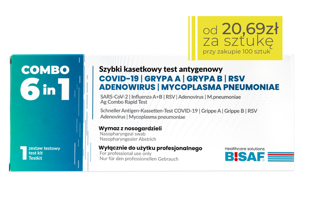 Opakowanie testu antygenowego COMBO 6 in 1 BISAF do wykrywania COVID-19, grypy A i B, RSV, adenowirusa oraz Mycoplasma pneumoniae z widoczną ceną od 20,69 zł za sztukę przy zakupie 100 sztuk.