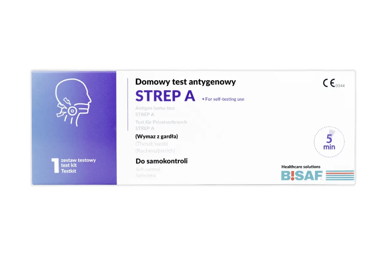 Opakowanie domowego testu antygenowego BISAF STREP A. Prostokątne pudełko w odcieniach bieli i fioletu z ikoną głowy i gardła po lewej stronie. Na froncie widoczny napis ‘Domowy test antygenowy STREP A’, oznaczenia CE, symbol 5 minut oraz logo BISAF.