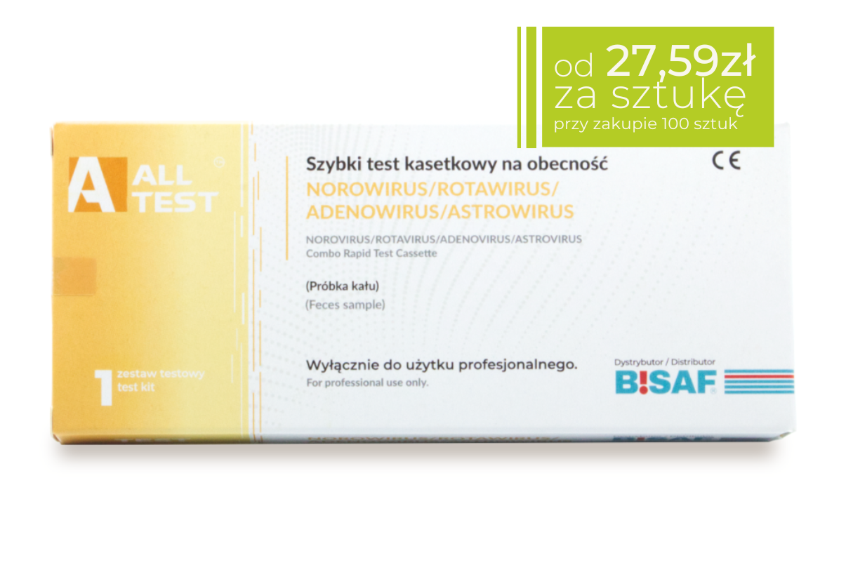Opakowanie testu kasetkowego ALLTEST do wykrywania norowirusa, rotawirusa, adenowirusa i astrowirusa w próbce kału. Pudełko w kolorze białym i żółtym, z logotypem ALLTEST po lewej i BISAF po prawej. U góry zielona ramka z informacją o cenie: od 27,59 zł za sztukę przy zakupie 100 sztuk.
