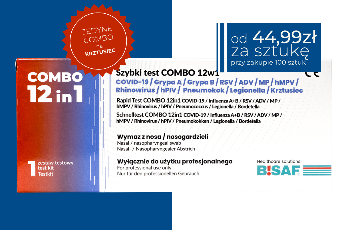 Pojedyncze opakowanie szybkiego testu COMBO 12w1 marki BISAF do diagnostyki infekcji dróg oddechowych, zestaw 1 test, z graficzną informacją o cenie od 44,99 zł za sztukę przy zakupie 100 sztuk