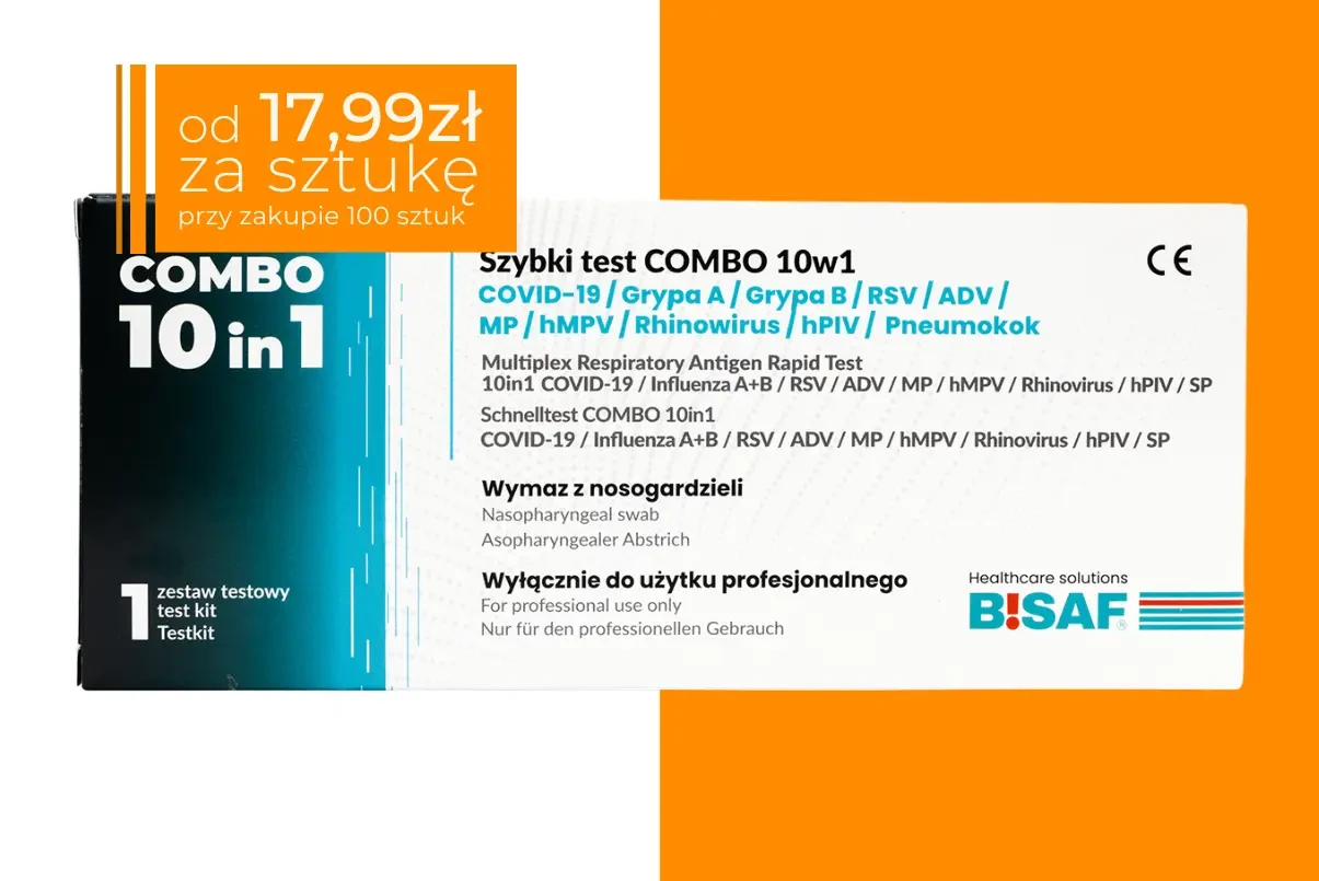 Pojedyncze opakowanie szybkiego testu COMBO 10w1 marki BISAF do diagnostyki infekcji dróg oddechowych, zestaw 1 test, z graficzną informacją o cenie od 17,99 zł za sztukę przy zakupie kartonu