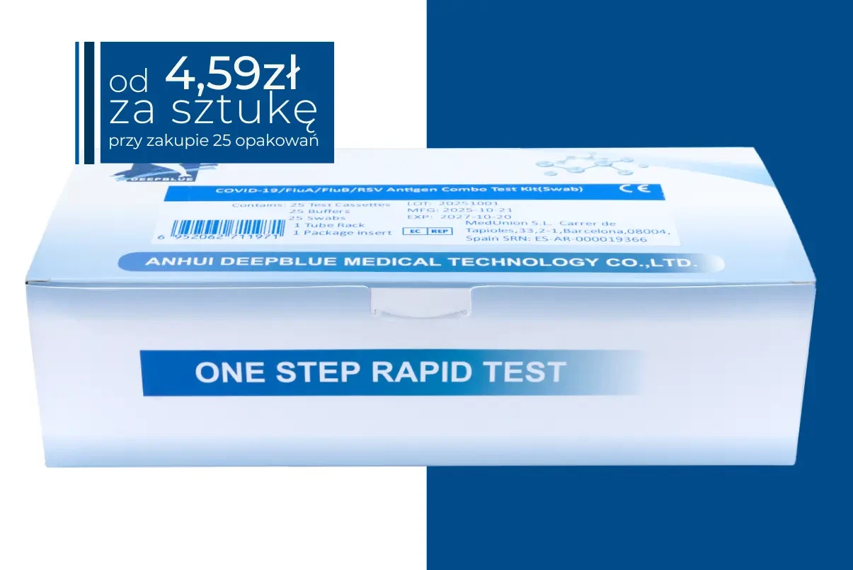 Opakowanie testu COMBO 4w1 DeepBlue (COVID-19 / grypa A+B / RSV), widok z przodu, opakowanie zbiorcze 25 testów, białe pudełko z niebieskimi elementami graficznymi, widoczna naklejka z ceną: od 4,59 zł za sztukę przy zakupie 25 opakowań