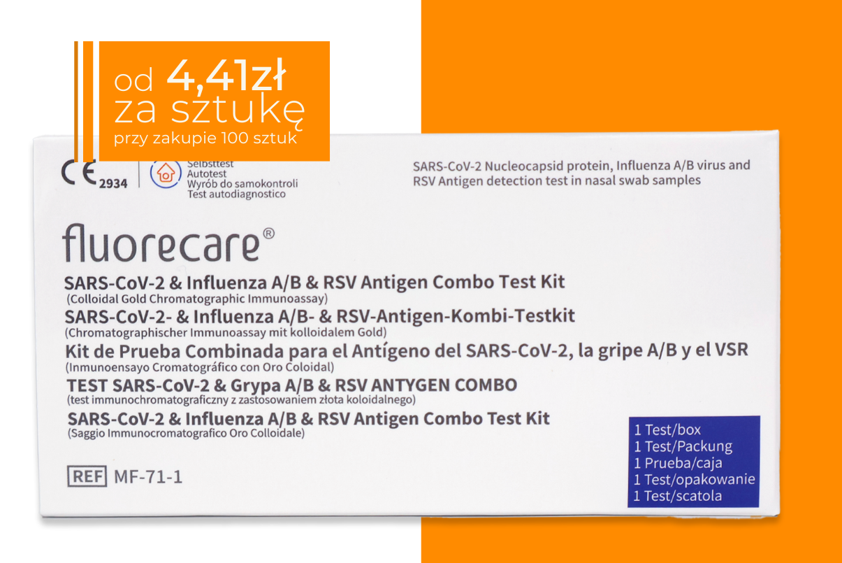 Opakowanie testu Fluorecare COMBO 4w1 do samokontroli. W górnym rogu pole z napisem: od 4,41 zł za sztukę przy zakupie 100 sztuk.