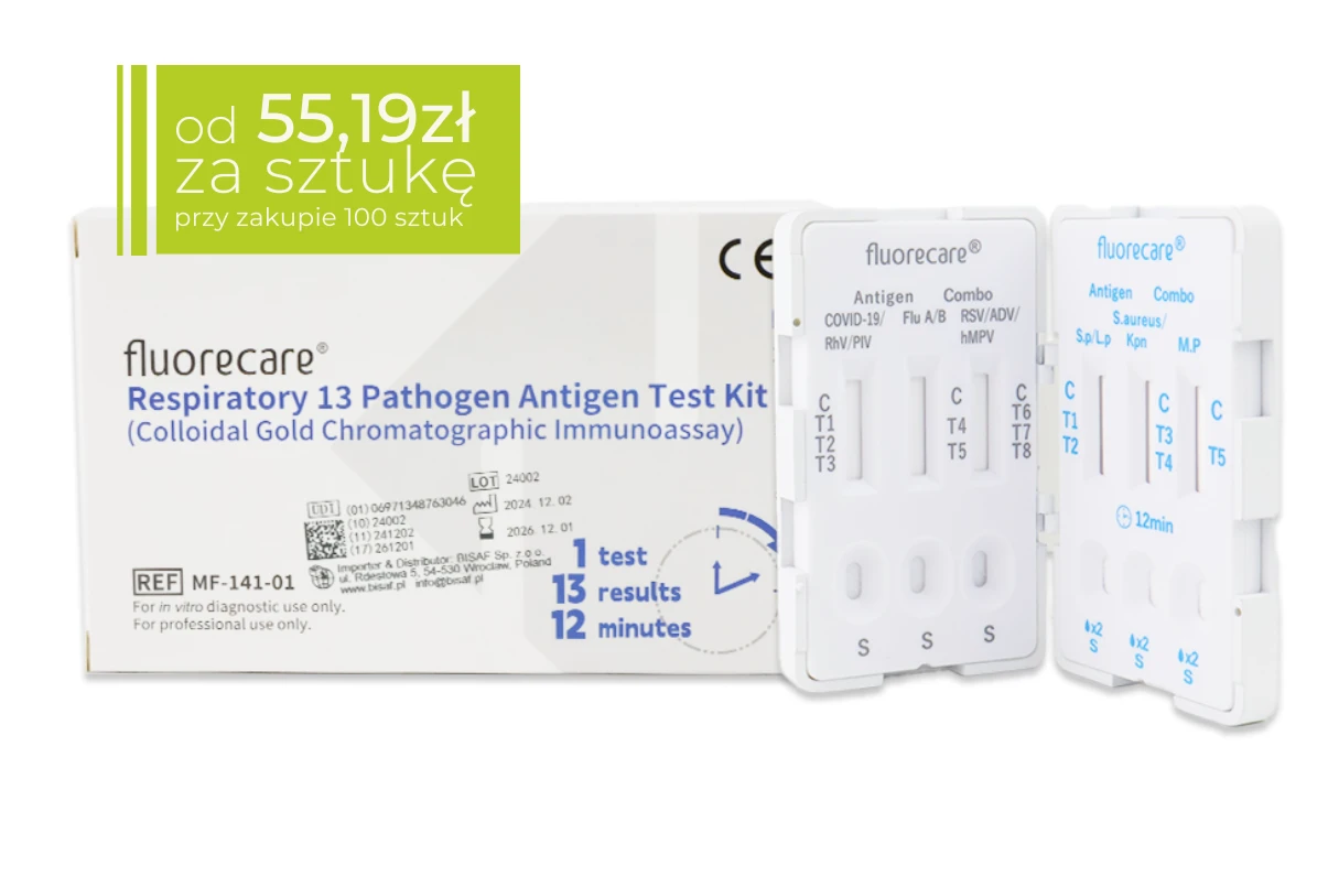 Opakowanie testu Fluorecare 13w1 do wykrywania 13 patogenów oddechowych. W górnym rogu pomarańczowa ramka z ceną: od 55,59 zł za sztukę przy zakupie 100sztuk