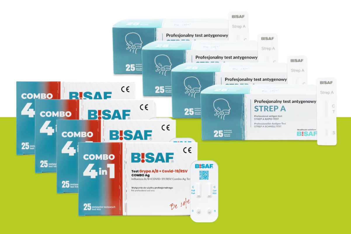 4 opakowania tesów COMBO 4w1 25 sztuk BISAF oraz 4 opakowania Strep 25 sztuk A BISAF