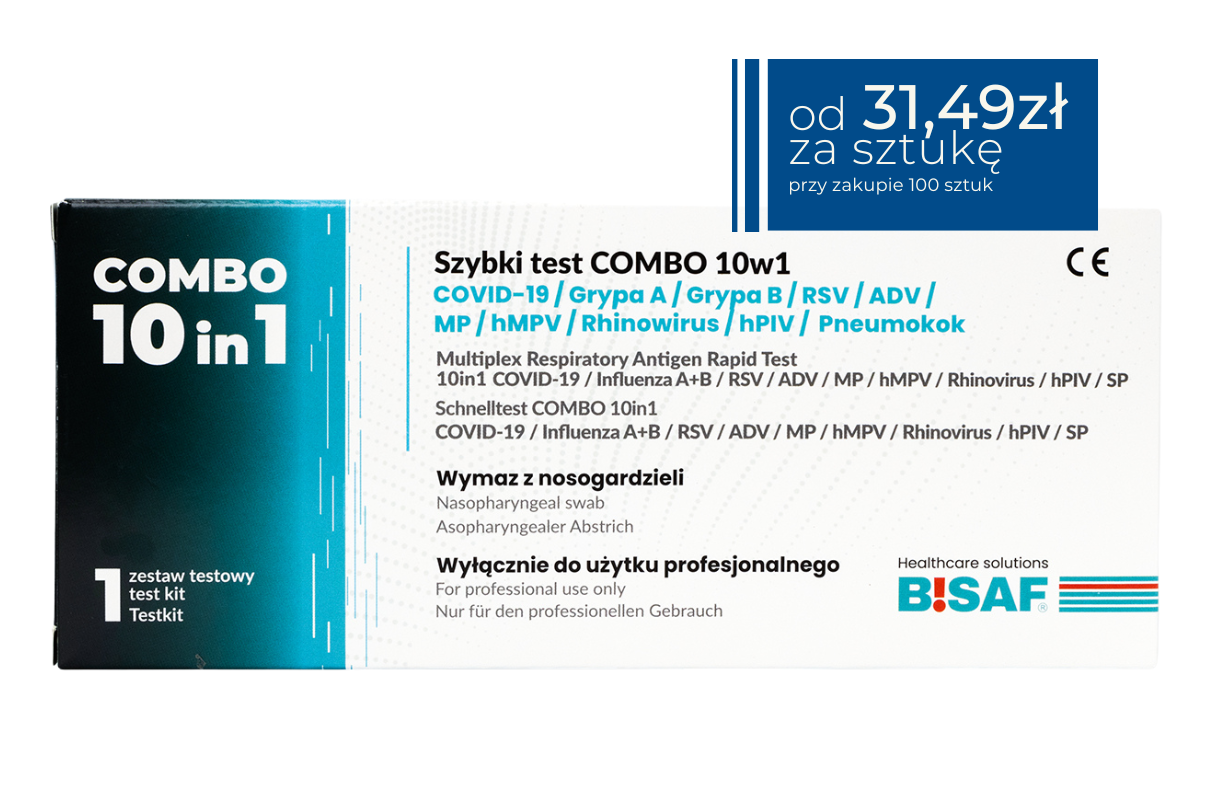 Pojedyncze opakowanie szybkiego testu diagnostycznego COMBO 10w1 marki BISAF, test antygenowy do wykrywania COVID-19, grypy A i B, RSV, ADV, MP, hMPV, rinowirusa, hPIV oraz pneumokoka, grafika produktowa z informacją o cenie jednostkowej 31,49 przy zakupie 100 sztuk