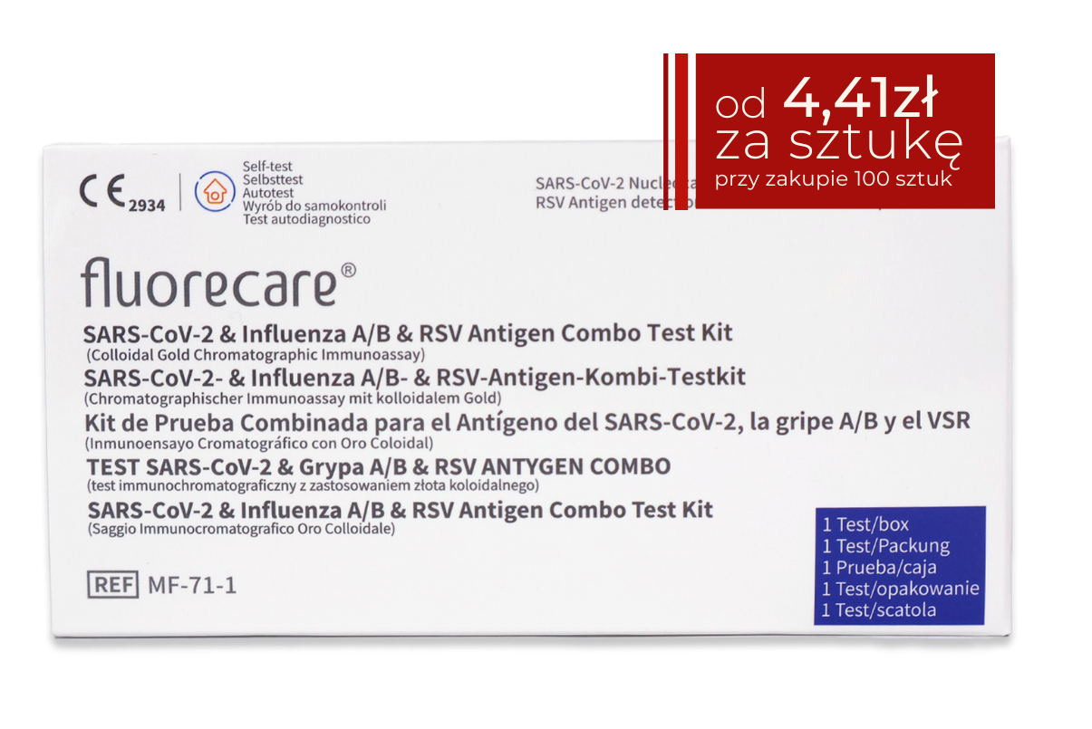 Opakowanie testu Fluorecare COMBO 4w1. W górnym rogu pole z ceną: od 4,41 zł za sztukę przy zakupie 100 sztuk.