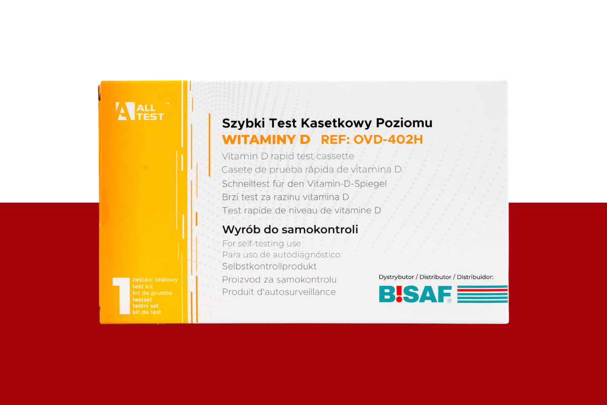 Pojedyncze opakowanie testu kasetkowego BISAF Witamina D do samokontroli. Prostokątne pudełko w odcieniach bieli i żółtego. Na froncie widoczny napis ‘Szybki test kasetkowy poziomu witaminy D’, oznaczenia CE oraz logo BISAF.