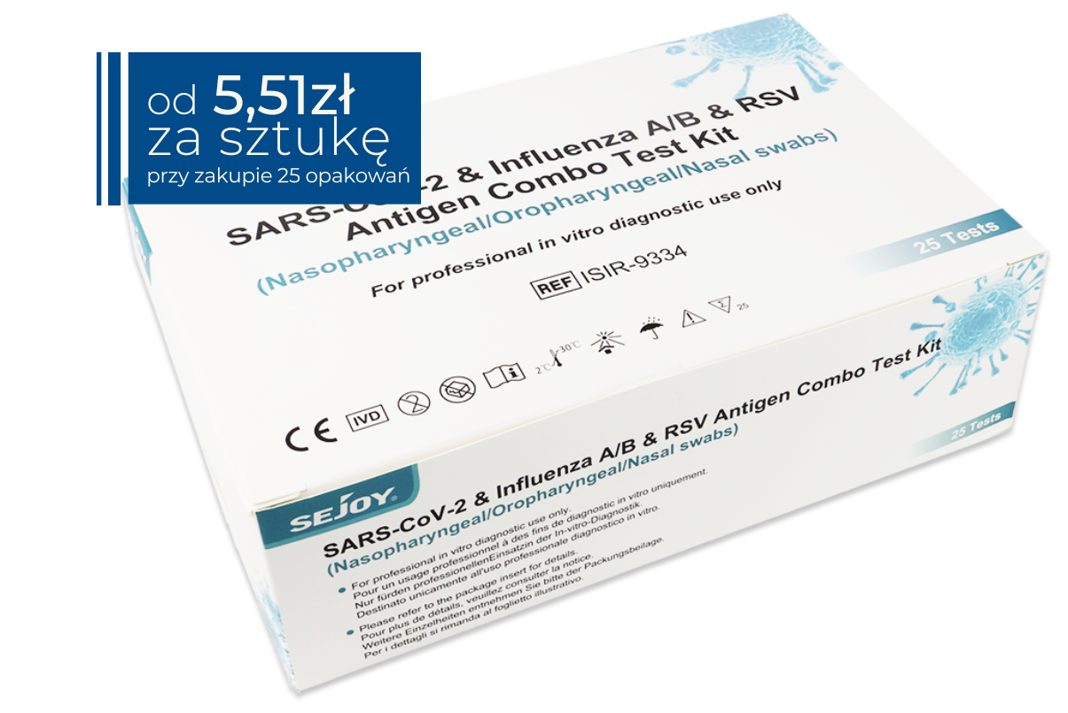Biało-niebieskie opakowanie testu Sejoy SARS-CoV-2 & Influenza A/B & RSV Antigen Combo Test Kit (wymaz nosowo-gardłowy/orofaryngealny). Na boku widoczne oznaczenia CE i parametry testu. W prawym górnym rogu granatowe pole z ceną: od 5,51 zł za sztukę (przy zakupie 25 opakowan).