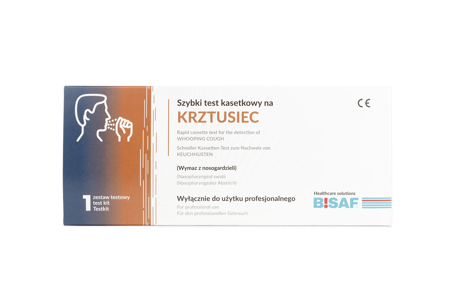 Białe prostokątne opakowanie testu kasetkowego BISAF na krztusiec. Z lewej strony pomarańczowo-granatowy gradient z ikoną głowy i wymazówki, po prawej czarny i pomarańczowy napis z nazwą testu