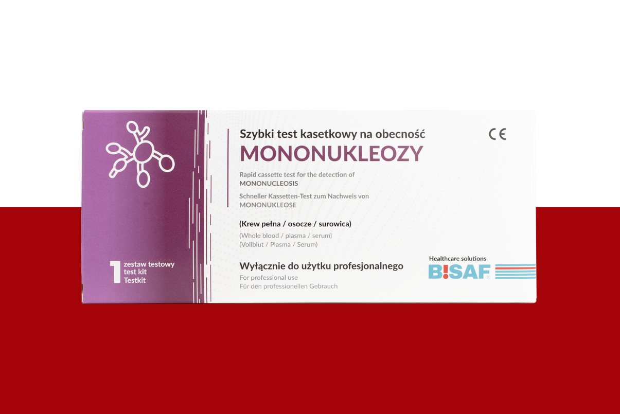 Pojedyncze opakowanie testu kasetkowego BISAF na Mononukleoze. Prostokątne pudełko w odcieniach bieli i fioletu z ilustracją bakterii monunkleozy po lewej stronie. Na froncie widoczny napis ‘Szybki test kasetkowy naMononukloeza’, oznaczenia CE oraz logo BISAF.