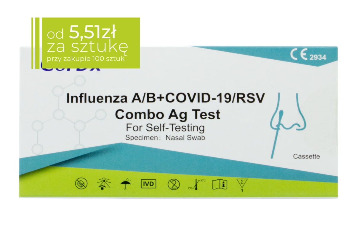Białe i zielone opakowanie testu CorDx Influenza A/B + COVID-19 + RSV Combo Ag Test do samodzielnego użycia z próbką z wymazu nosowego. Po prawej stronie widoczna ikonka nosa. W lewym górnym rogu zielone pole z napisem: od 5,1  zł za sztukę przy zakupie 100 sztuk