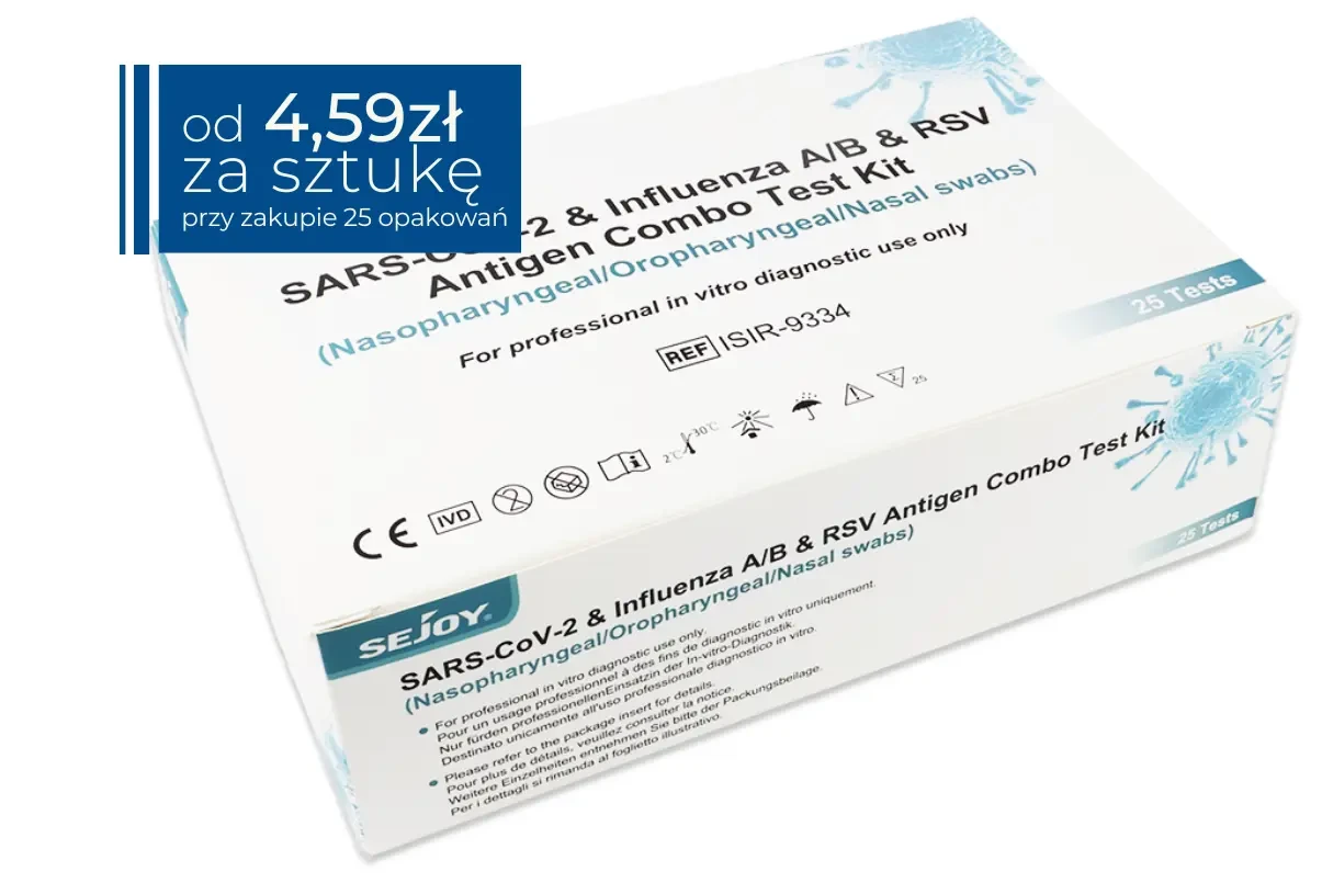 Biało-niebieskie opakowanie testu Sejoy SARS-CoV-2 & Influenza A/B & RSV Antigen Combo Test Kit (wymaz nosowo-gardłowy/orofaryngealny). Na boku widoczne oznaczenia CE i parametry testu. W prawym górnym rogu granatowe pole z ceną: od 4,59 zł za sztukę (przy zakupie 25 opakowan).