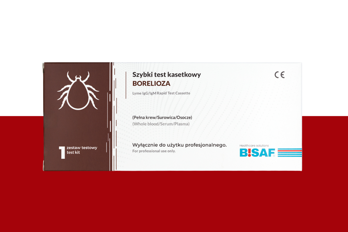 Opakowanie testu kasetkowego Borelioza (Lyme IgG/IgM) na czerwonym tle – szybki test diagnostyczny do badania z krwi pełnej, surowicy lub osocza, 1 zestaw testowy, produkt do użytku profesjonalnego. Widoczny symbol kleszcza oraz logo BISAF.