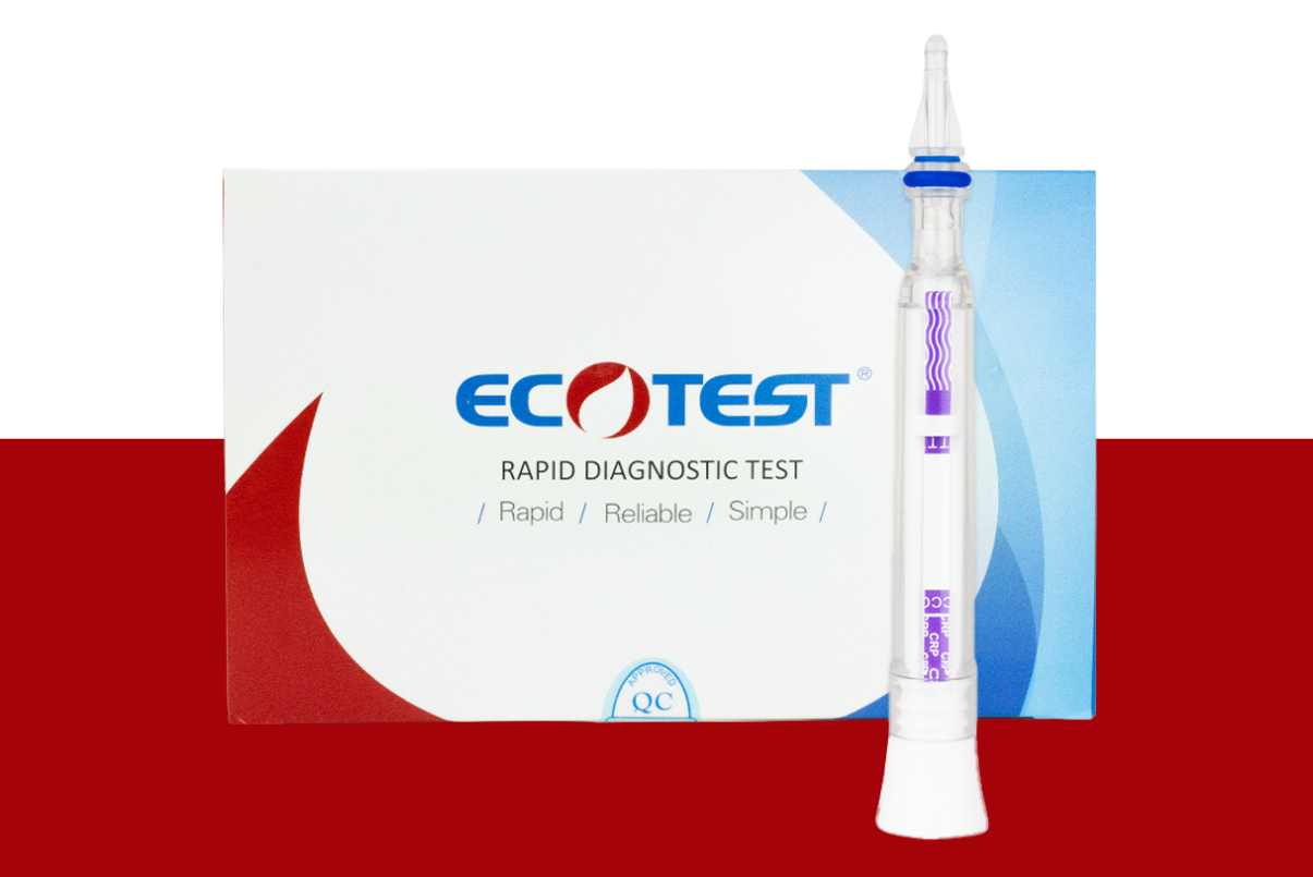 Opakowanie ECOTEST Rapid Diagnostic Test z widocznym testem w formie pena (urządzenie testowe typu pen) umieszczonym obok pudełka, szybki test diagnostyczny do użytku profesjonalnego.
