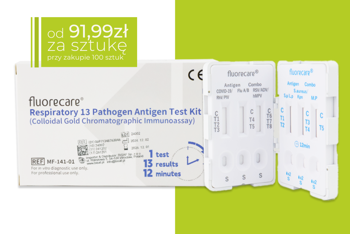 Opakowanie testu Fluorecare 13w1 do wykrywania 13 patogenów oddechowych. Zestaw zawiera białe kasetki testowe ustawione obok pudełka. W górnym prawym rogu zielona ramka z ceną: od 91,99 zł za sztukę przy zakupie 100sztuk
