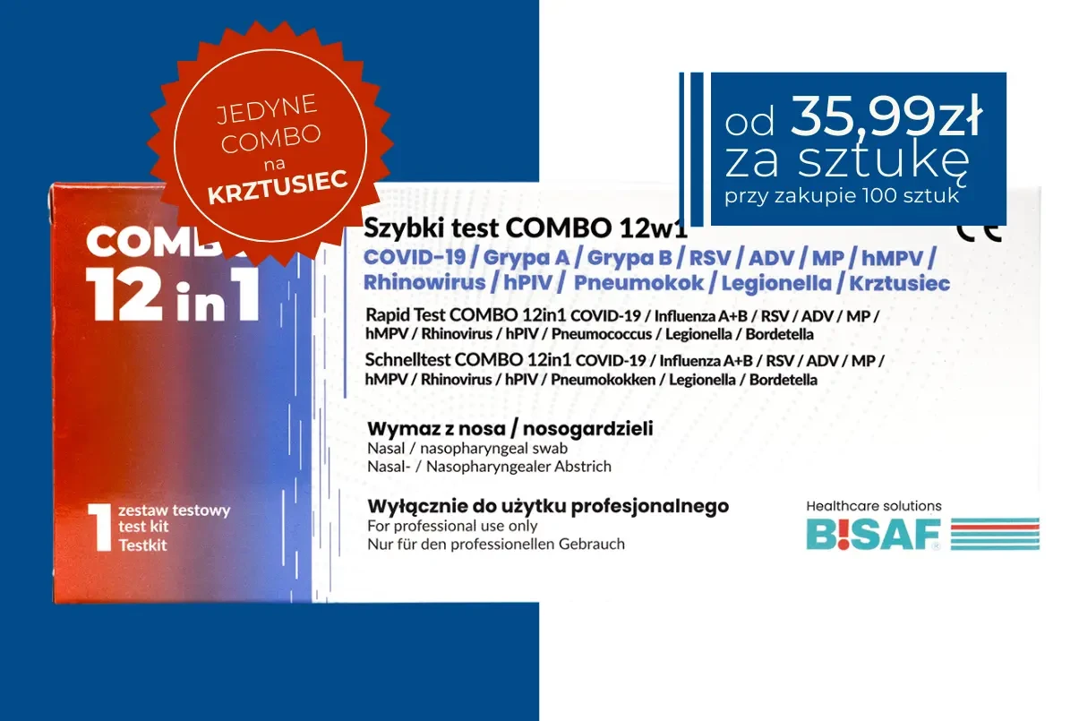 Pojedyncze opakowanie szybkiego testu COMBO 12w1 marki BISAF do diagnostyki infekcji dróg oddechowych, zestaw 1 test, z graficzną informacją o cenie od 35,99 zł za sztukę przy zakupie 100 sztuk