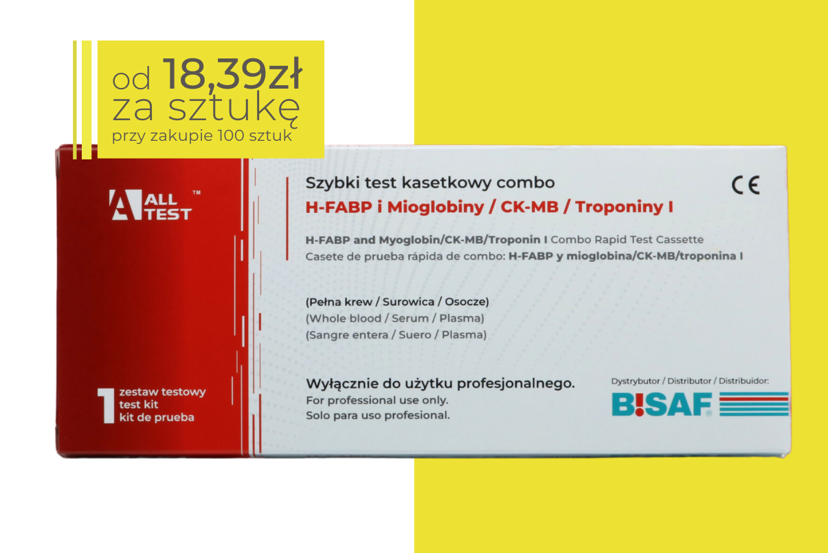 Opakowanie szybkiego testu kasetkowego All Test na obecność H-FABP, mioglobiny, CK-MB i troponiny I w białym pudełku z czerwonym panelem po lewej stronie. W prawym górnym rogu żółte pole z ceną 18,39 zł za sztukę przy zakupie 100 sztuk.