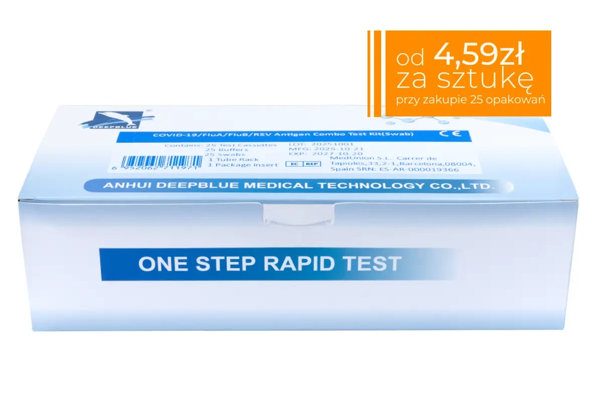 Opakowanie zbiorcze testów combo COVID-19 / grypa A+B / RSV DeepBlue – karton z zestawami testowymi, widoczna informacja o cenie jednostkowej 4,59zł  przy zakupie 25 opakowań