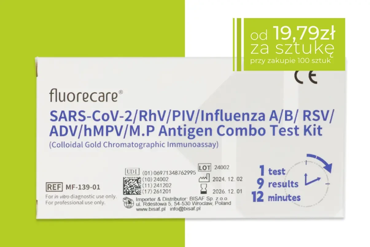 Pojedynczy test Fluorecare 9w1 wykrywający SARS-CoV-2, RhV, PIV, grypę A/B, RSV, adenowirusa, hMPV i M. pneumoniae. Opakowanie testu z polem informującym o cenie od 19,79 zł za sztukę przy zakupie 100 sztuk