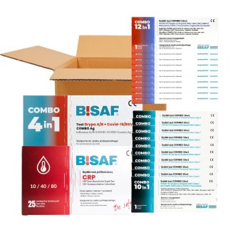 Opakowania testów COMBO BISAF (4w1, 10w1, 12w1,CRP) ułożone przy kartonie zbiorczym, przedstawiające zestawy diagnostyczne 
