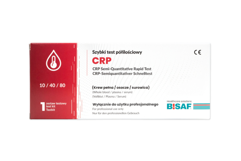 Opakowanie szybkiego testu półilościowego CRP marki BISAF zawierające 1 zestaw testowy. Test do oznaczania CRP w krwi pełnej, osoczu lub surowicy, przeznaczony wyłącznie do użytku profesjonalnego.