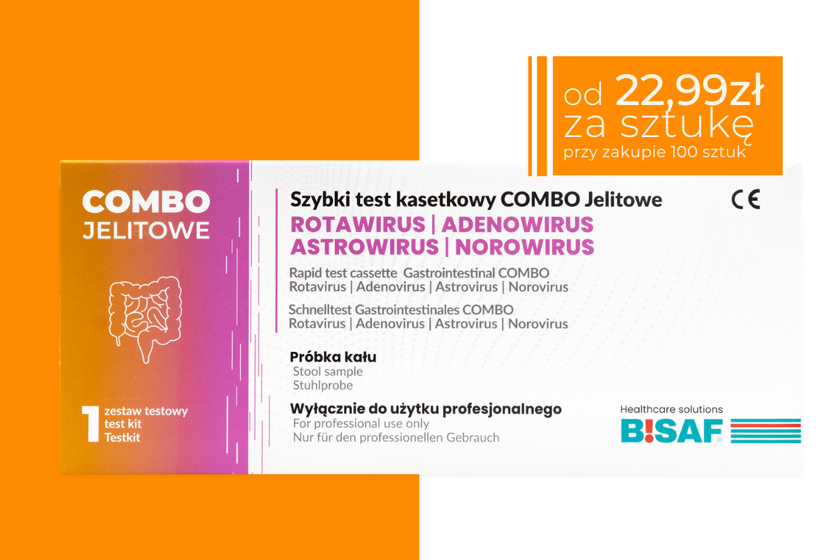 Opakowanie testu kasetkowego BISAF COMBO Jelitowe na obecność norowirusa, rotawirusa, adenowirusa i astrowirusa, białe pudełko z żółtymi elementami graficznymi, w górnym rogu pole z ceną 22,99zł przy zakupie 100 sztuk
