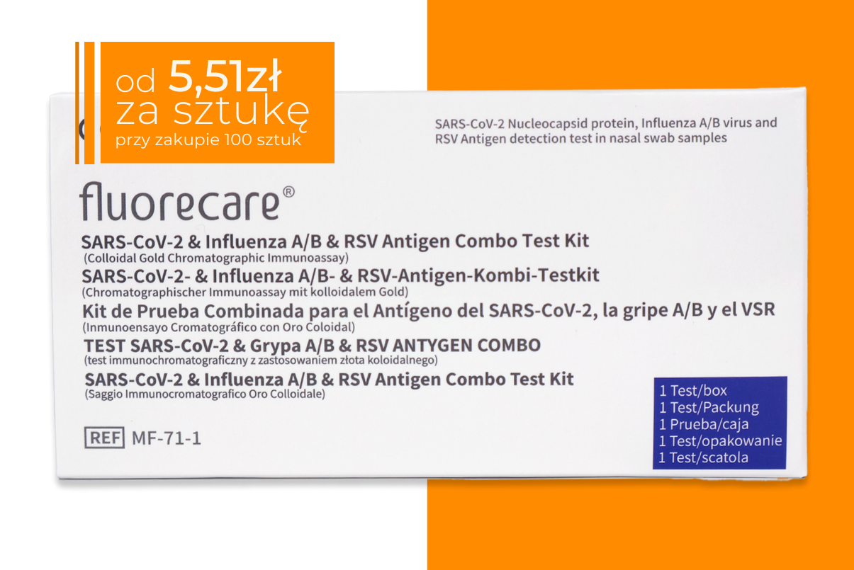 Opakowanie testu Fluorecare SARS-CoV-2 & Influenza A/B & RSV Antigen Combo Test Kit, w kolorze białym z niebieskimi elementami. Na froncie widoczny pełny opis w kilku językach oraz oznaczenia CE i REF. W lewym górnym rogu pomaranczowe pole z napisem: od 5,51 zł za sztukę (przy zakupie 100 sztuk).