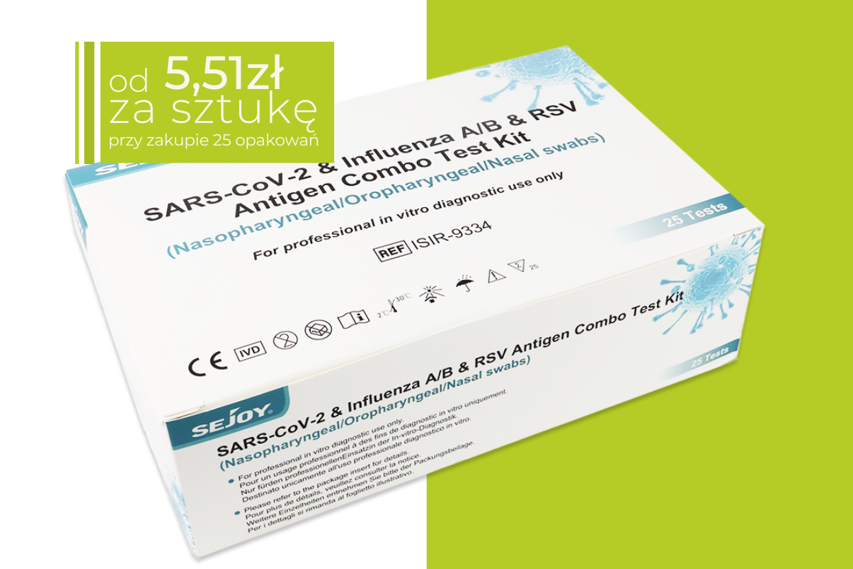 Opakowanie testu Sejoy SARS-CoV-2 & Influenza A/B & RSV Antigen Combo Test Kit w kolorze biało-niebieskim. Widoczny napis informacyjny oraz oznaczenia CE i IVD. W prawym górnym rogu zielone pole z napisem: od 5,51 zł za sztukę (przy zakupie 25 opakowan)