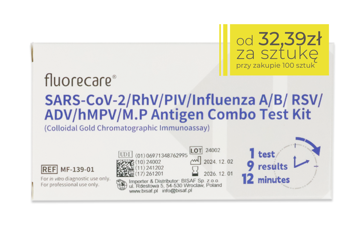 Pojedynczy test Fluorecare 9w1 wykrywający SARS-CoV-2, RhV, PIV, grypę A/B, RSV, adenowirusa, hMPV i M. pneumoniae. Opakowanie testu z żółtym polem informującym o cenie od 32,99 zł za sztukę przy zakupie kartonu