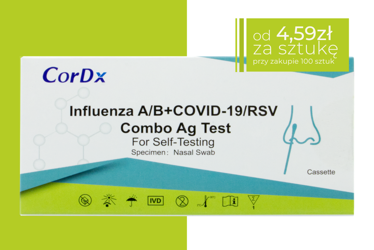 Opakowanie testu CorDx COMBO 4w1  przeznaczonego do samokontroli. W górnym rogu pole z napisem: od 4,59 zł za sztukę przy zakupie 100 sztuk.