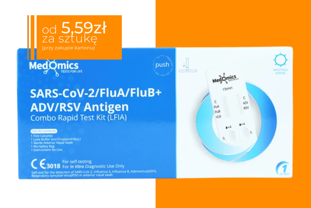 Opakowanie testu Medomics SARS-CoV-2/FluA/FluB+ ADV/RSV Antigen Combo Rapid Test Kit (LFIA) w kolorze niebiesko-białym. Po prawej stronie widoczna kasetka testowa. W lewym górnym rogu pomarańczowe pole z napisem: od 5,59 zł za sztukę (przy zakupie kartonu)