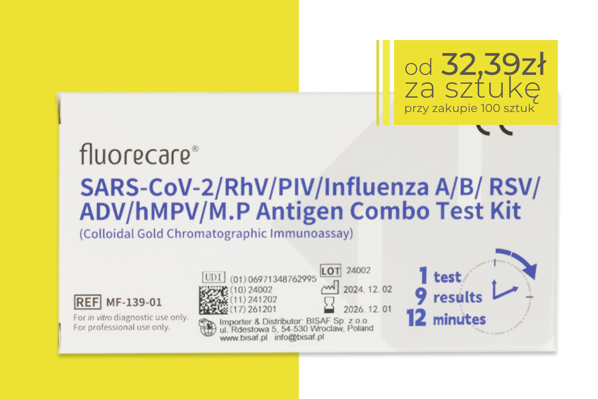 Pojedynczy test Fluorecare 9w1 wykrywający SARS-CoV-2, RhV, PIV, grypę A/B, RSV, adenowirusa, hMPV i M. pneumoniae. Opakowanie testu na żółtym tle, z żółtym polem informującym o cenie od 32,39 zł za sztukę przy zakupie kartonu