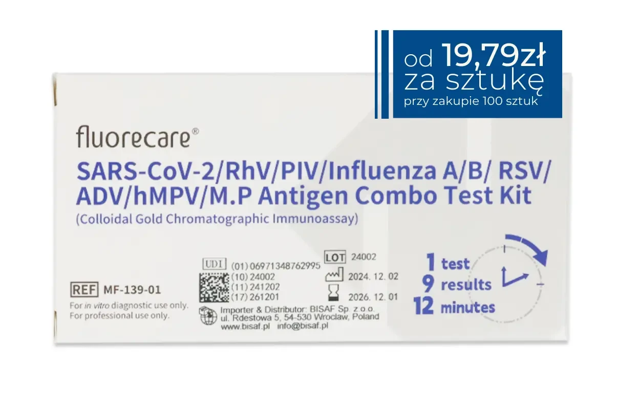 Pojedynczy test Fluorecare 9w1 wykrywający SARS-CoV-2, RhV, PIV, grypę A/B, RSV, adenowirusa, hMPV i M. pneumoniae. Opakowanie testu z polem informującym o cenie od 19,79 zł za sztukę przy zakupie 100 sztuk