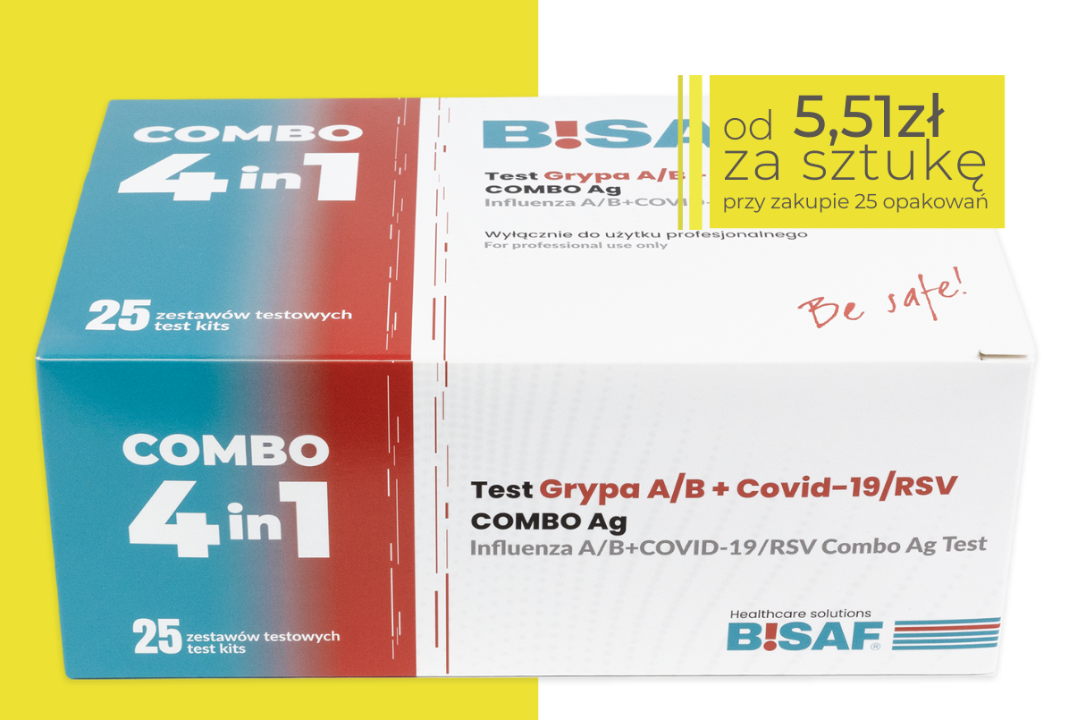 Opakowanie szybkich testów BISAF Combo 4w1 (grypa A, grypa B, COVID-19, RSV. Pudełko zawiera 25 zestawów testowych. W prawym górnym rogu  żółte pole z informacją o cenie: od 5,51 zł za sztukę przy zakupie 25 opakowania