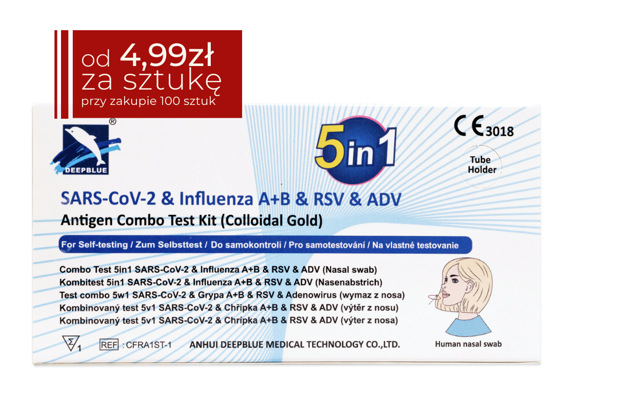 Opakowanie testu DEEPBLUE 5w1 do samodzielnego wykrywania SARS-CoV-2, grypy A+B, RSV i adenowirusa. Białe pudełko z niebiesko-złotym napisem 5 in 1, po lewej logo DEEPBLUE, po prawej schemat użycia wymazu z nosa. Na górze informacja o cenie: od 4,99 zł za sztukę przy zakupie 100 sztuk.