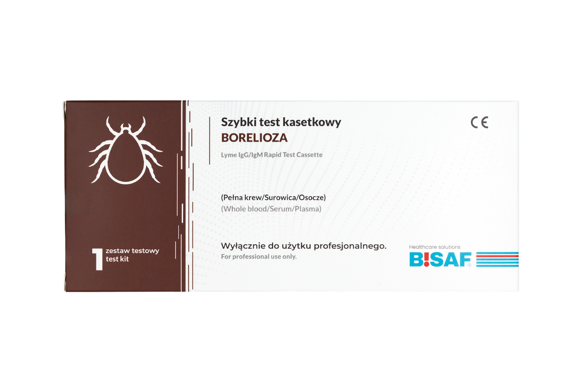 Opakowanie testu kasetkowego Borelioza (Lyme IgG/IgM) – szybki test diagnostyczny do wykrywania przeciwciał IgG/IgM w kierunku Borrelia, 1 zestaw testowy, wyłącznie do użytku profesjonalnego. Grafika z symbolem kleszcza po lewej stronie, oznaczenie CE, logo BISAF.