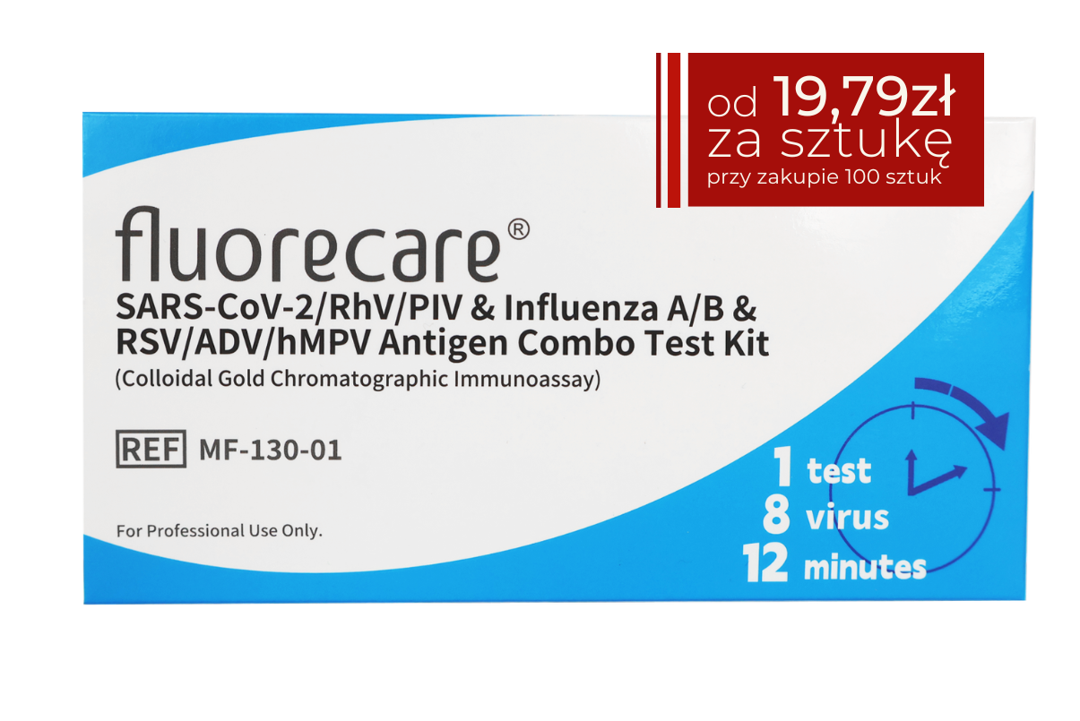 Opakowanie testu diagnostycznego Fluorecare – SARS-CoV-2/RhV/PIV & Influenza A/B & RSV/ADV/hMPV Antigen Combo Test Kit. Pudełko w kolorze białym z niebieskim półokręgiem po prawej stronie, oznaczeniem: 1 test, 8 wirusów, wynik w 12 minut. W prawym górnym rogu żółte pole z ceną: od 22,49 zł za sztukę przy zakupie 100 sztuk.