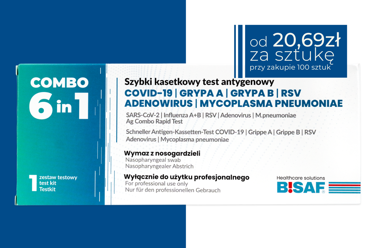 Pojedynczy szybki test kasetkowy 6w1 BISAF na COVID-19, grypę A+B, RSV, adenowirusa i M. pneumoniae, przedstawiony na tle opakowania. W lewym górnym rogu widoczne granatowe pole z informacją o cenie od 20,69 zł za sztukę przy zakupie 100 sztuk